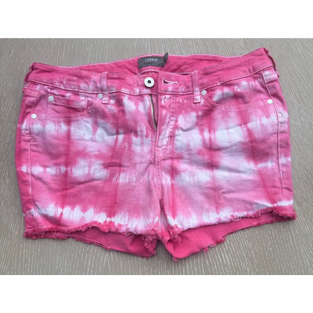 Torrid Womens Plus Size 14 Pink Tie Dye Denim Shorts Raw Frayed Hem Cut Off
